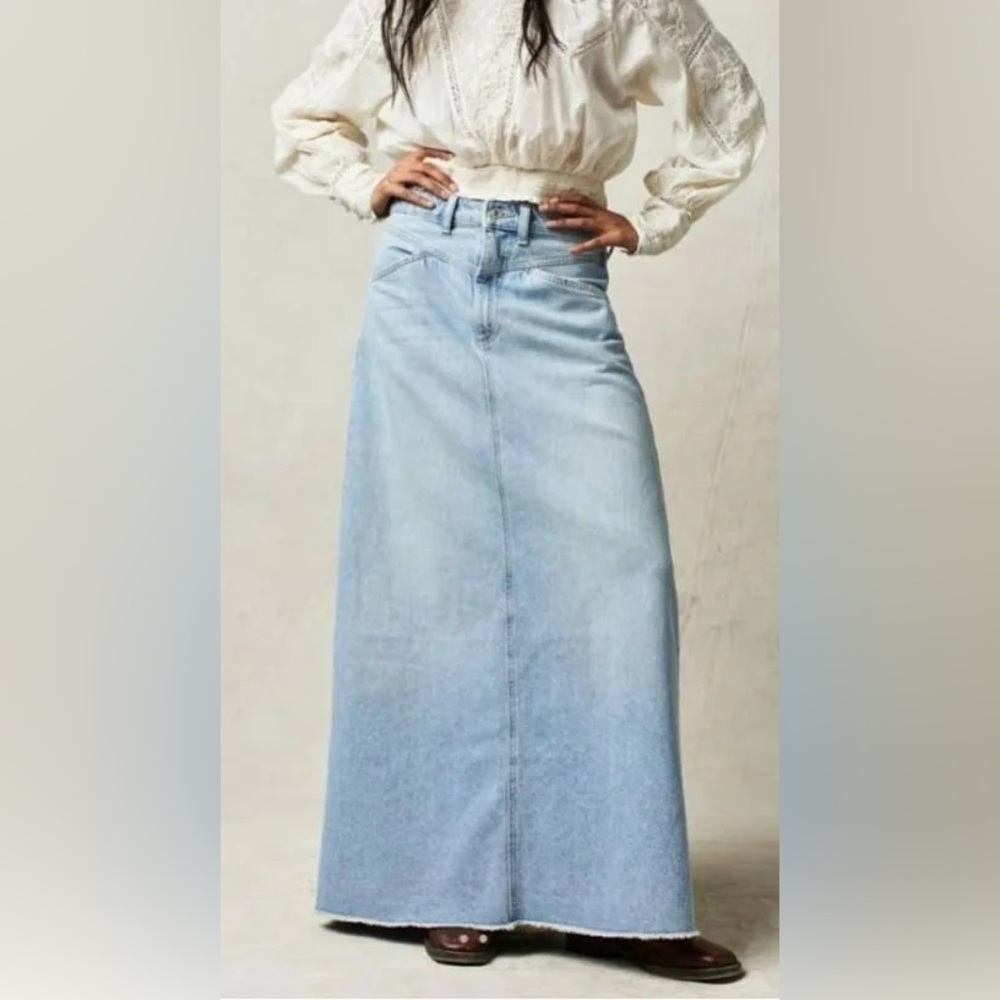 Free People We The Free Come As You Are Maxi Denim skirt Light Blue
